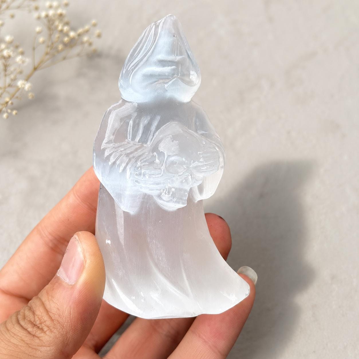 Transparent Gypsum Grim Reaper Carving, Selenite Style Death Figure Statue, Gothic Halloween Crystal Decor Gift