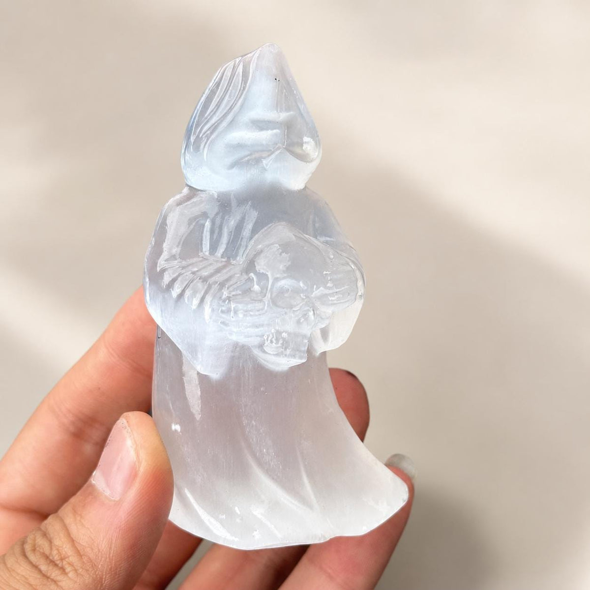 Transparent Gypsum Grim Reaper Carving, Selenite Style Death Figure Statue, Gothic Halloween Crystal Decor Gift - view 6