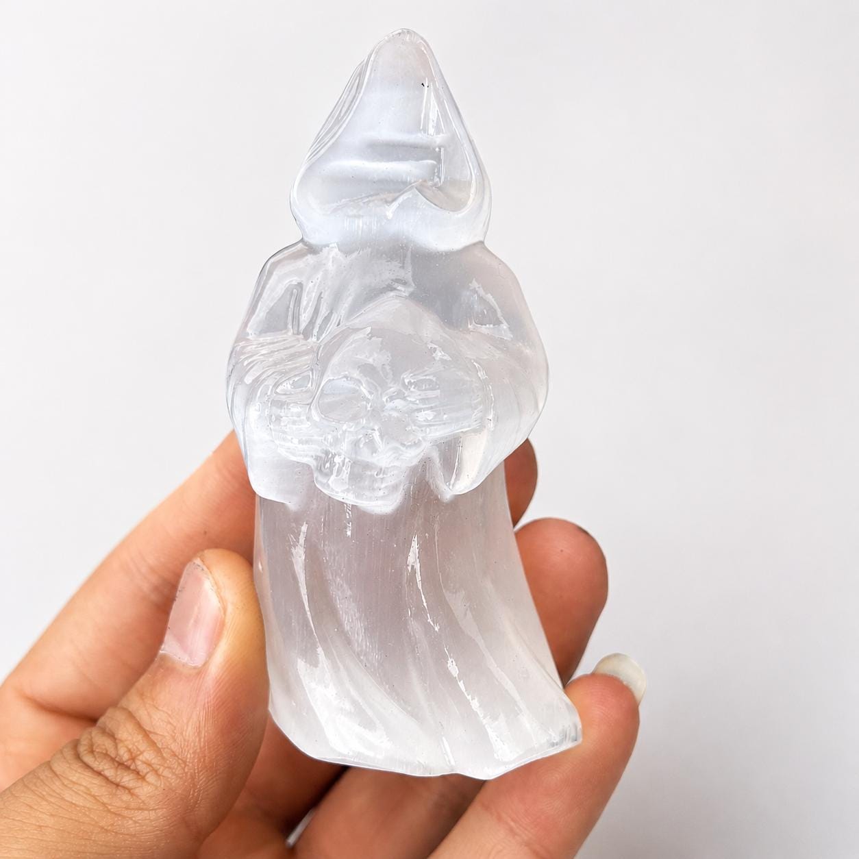 Transparent Gypsum Grim Reaper Carving, Selenite Style Death Figure Statue, Gothic Halloween Crystal Decor Gift