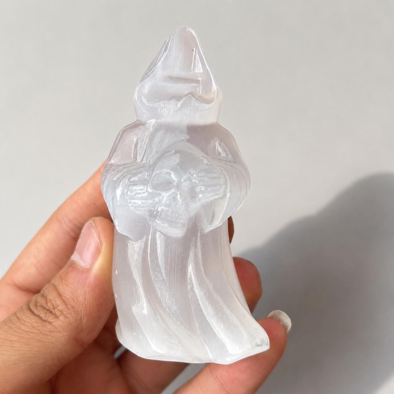Transparent Gypsum Grim Reaper Carving, Selenite Style Death Figure Statue, Gothic Halloween Crystal Decor Gift - view 8