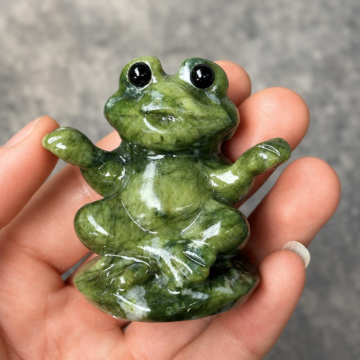 Cute Xiuyan Jade Frog Carving, Serpentine Jade Mini Frog Figurine, Small Crystal Animal Gift, Desk Deco