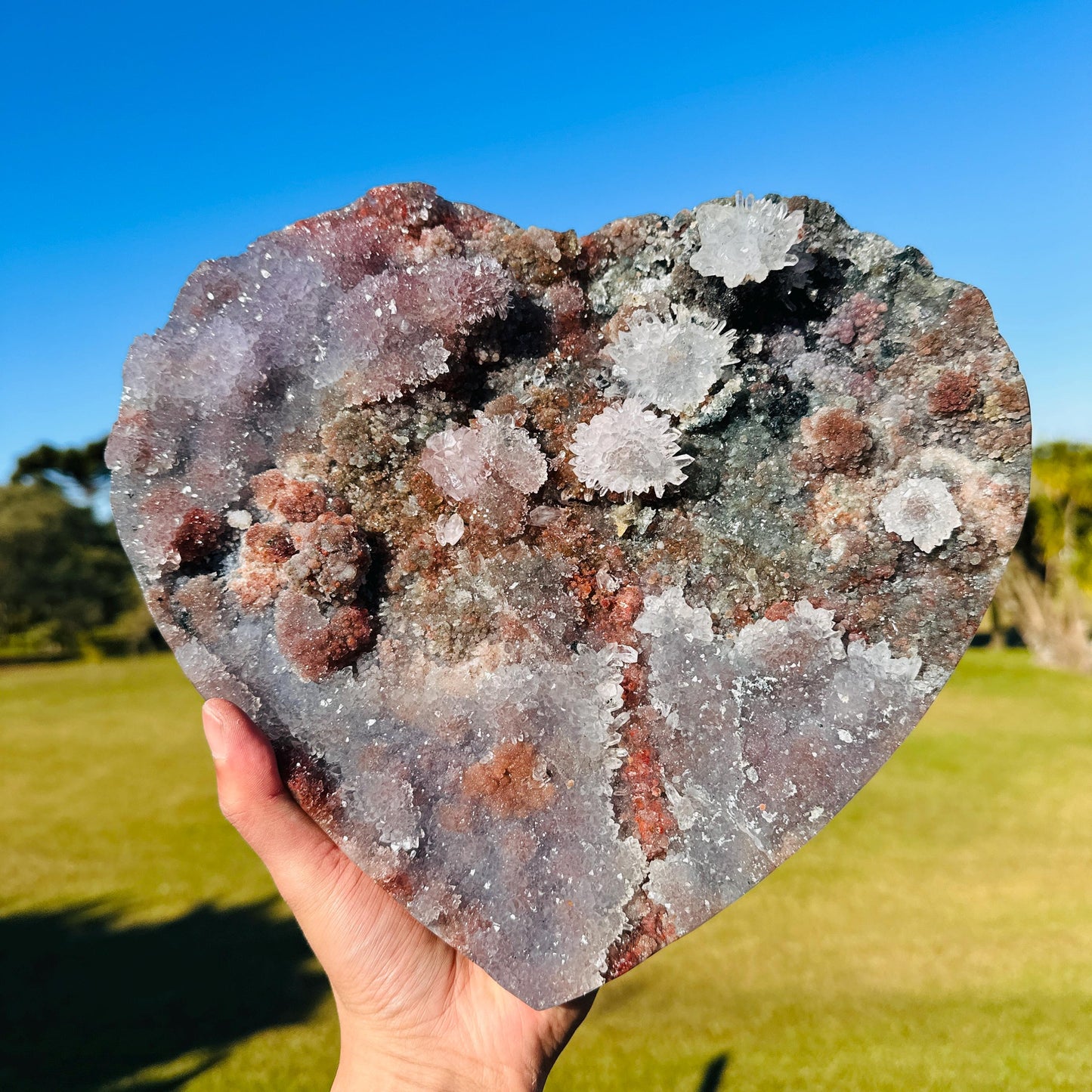 Large Brazilian Lodolite Quartz Heart, Scenic Garden Quartz Crystal, Druzy Flower Display, One of a Kind