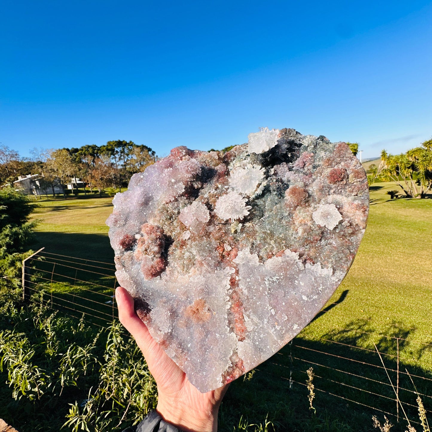 Large Brazilian Lodolite Quartz Heart, Scenic Garden Quartz Crystal, Druzy Flower Display, One of a Kind