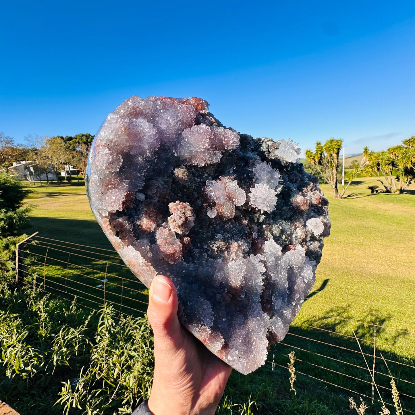 Large Brazilian Lodolite Quartz Heart, Scenic Garden Quartz Crystal, Druzy Flower Display, One of a Kind