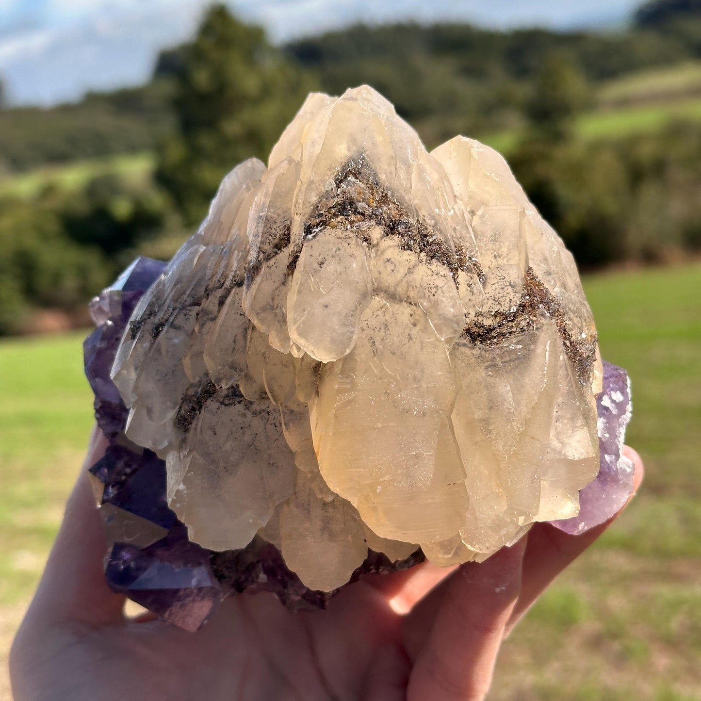Rare High Quality Brazilian Amethyst Calcite Rutilated Quartz Cluster, One of a Kind Crystal Display Specimen