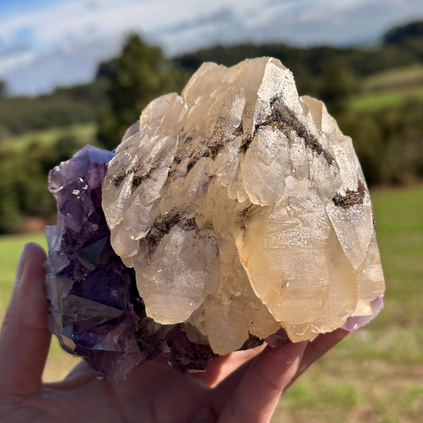 Rare High Quality Brazilian Amethyst Calcite Rutilated Quartz Cluster, One of a Kind Crystal Display Specimen
