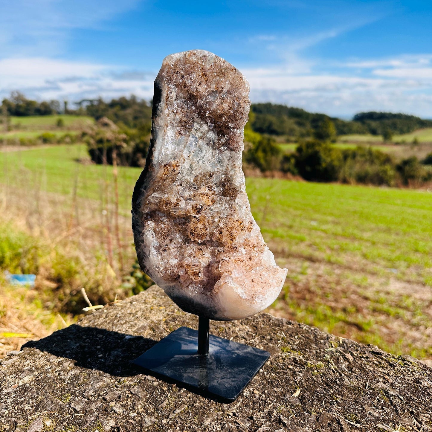 Brazilian Lodolite Quartz with Rutile, Scenic Garden Quartz Crystal on Stand, One of a Kind Display Specimen