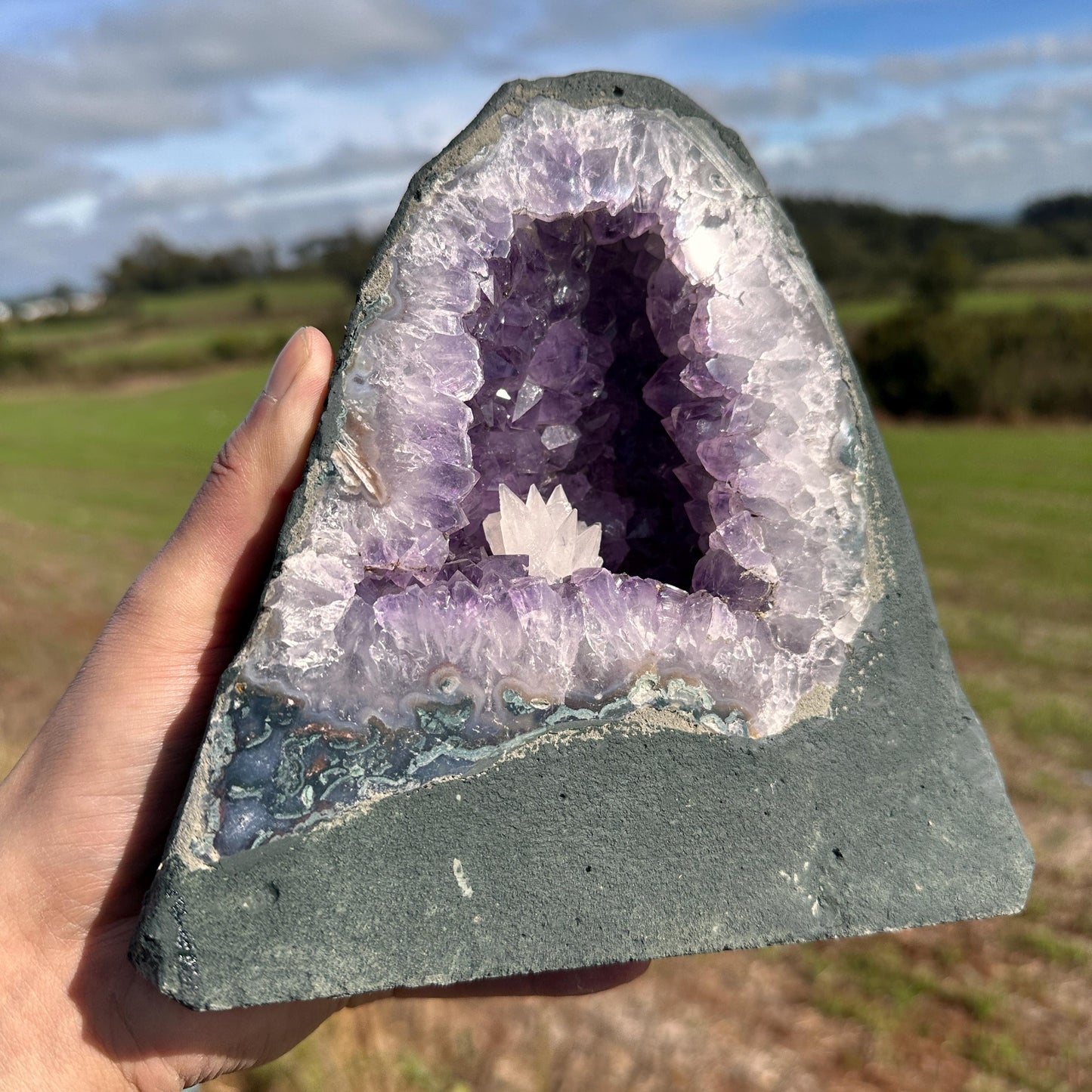 Brazilian Amethyst Geode with Calcite, Purple Crystal Cave, Natural Druzy Display, Pick Exact A-B
