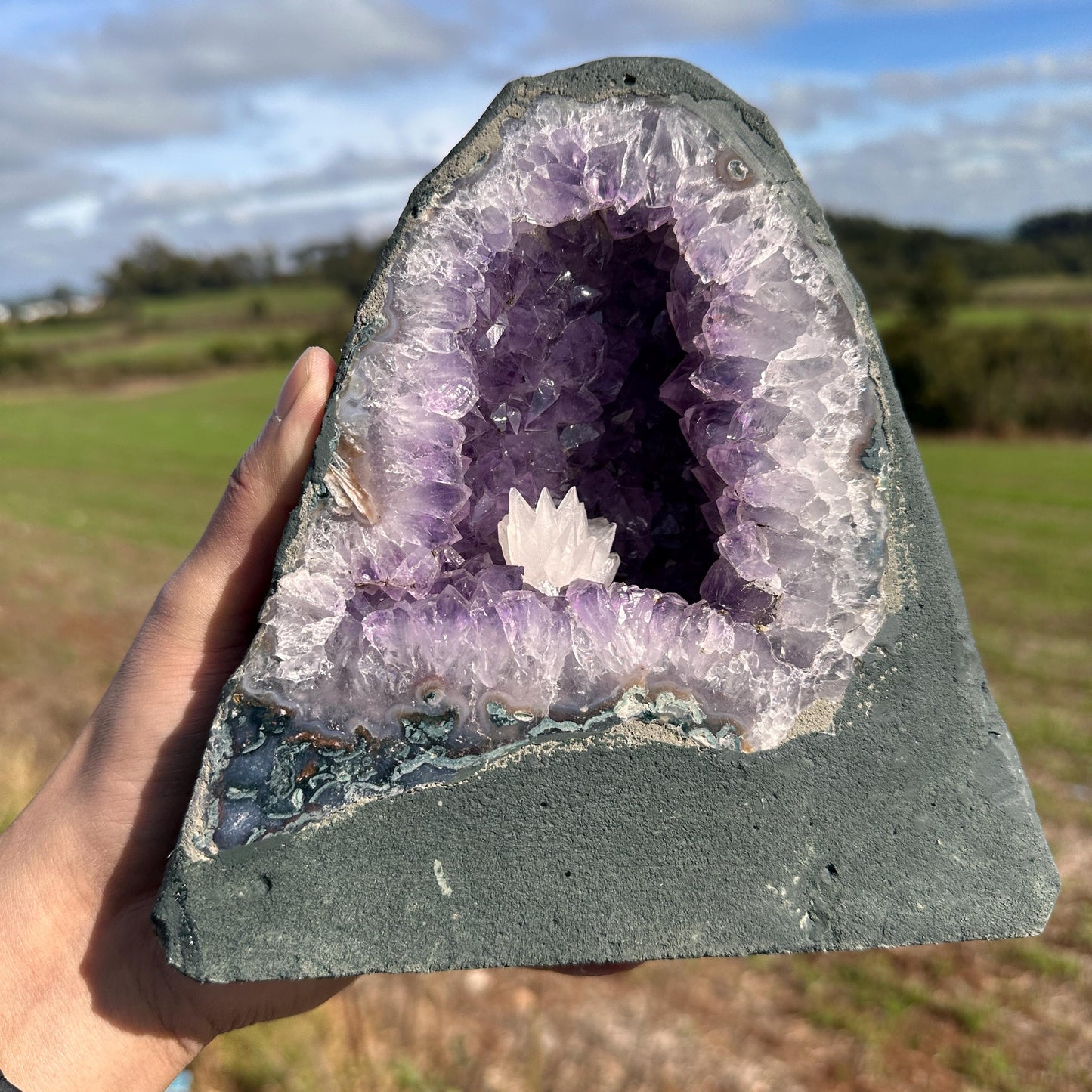 Brazilian Amethyst Geode with Calcite, Purple Crystal Cave, Natural Druzy Display, Pick Exact A-B