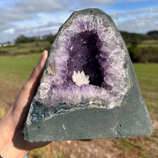 Brazilian Amethyst Geode with Calcite, Purple Crystal Cave, Natural Druzy Display, Pick Exact A-B