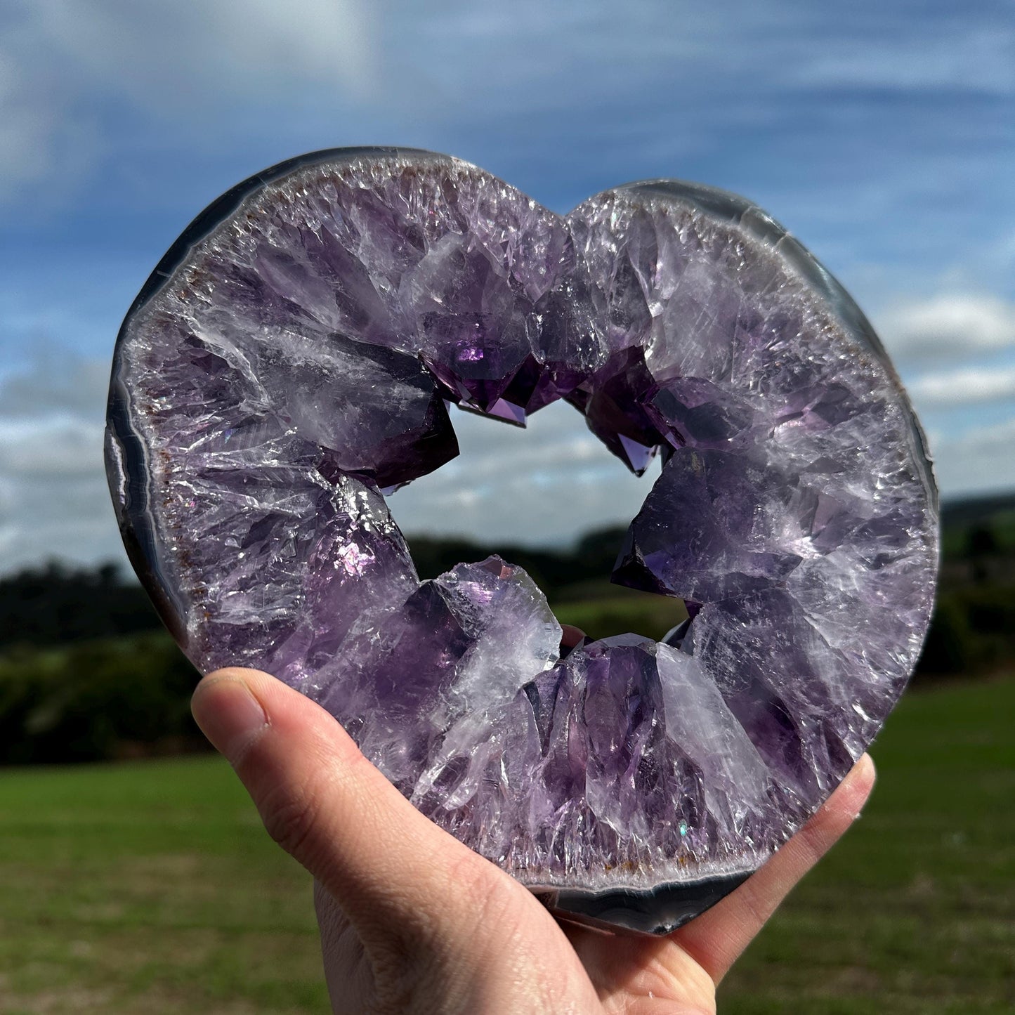 High Quality Brazilian Amethyst Heart Geode, Purple Crystal Heart with Rutile, Pick Exact A-B-C
