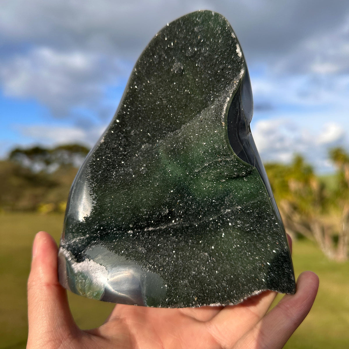 Brazilian Green Sugar Agate Freeform, Sparkling Druzy Agate Display, One of a Kind Natural Crystal Specimen - view 1