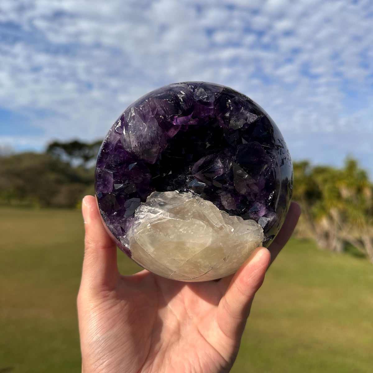 High Quality Brazilian Amethyst Calcite Geode Sphere, Purple Amethyst Crystal Ball, One of a Kind Collector Specimen - view 1