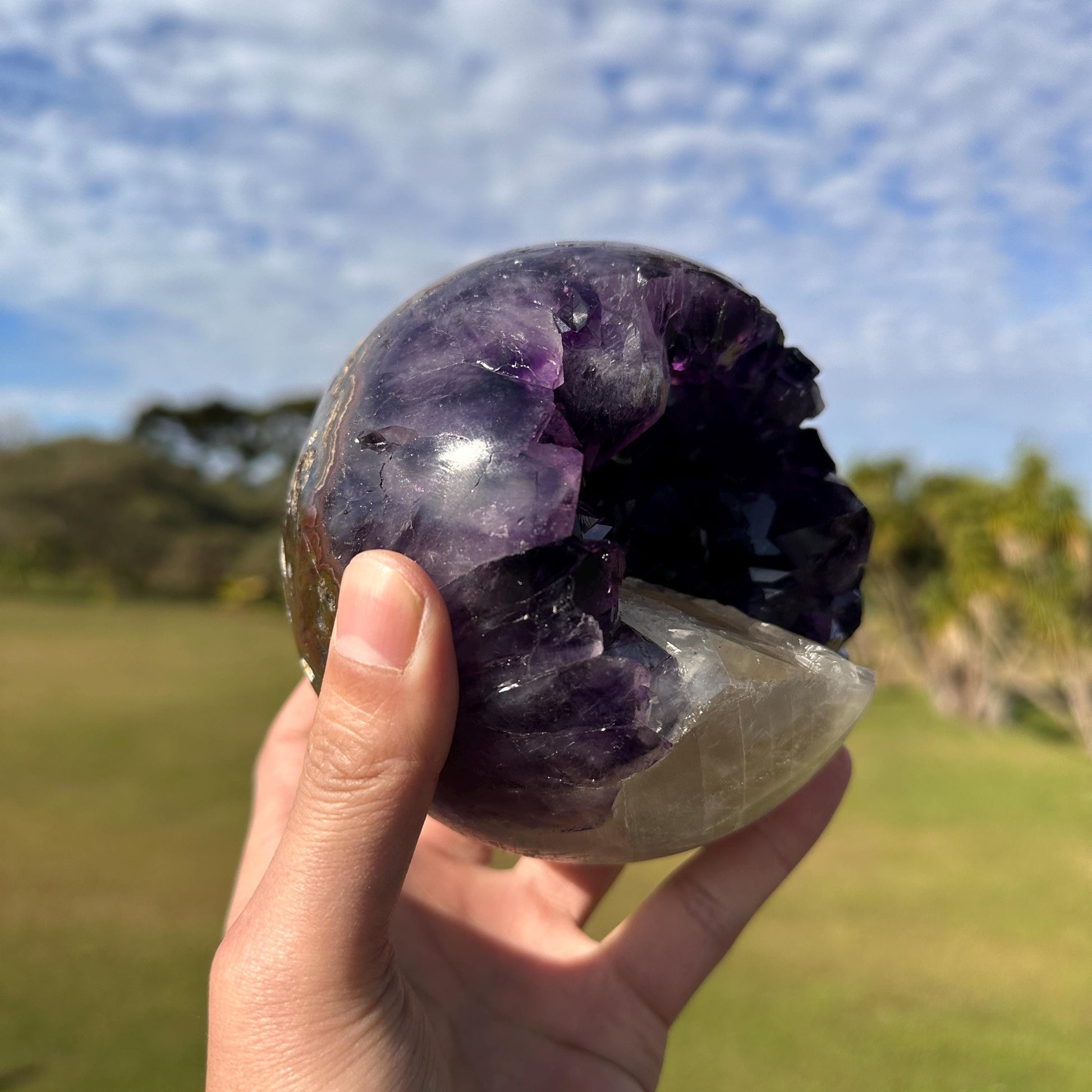 High Quality Brazilian Amethyst Calcite Geode Sphere, Purple Amethyst Crystal Ball, One of a Kind Collector Specimen - view 4