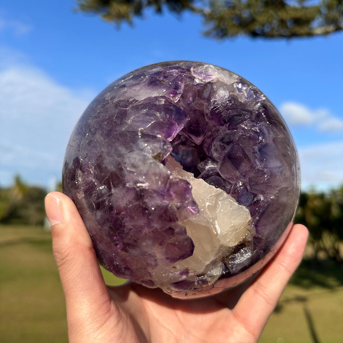 High Quality Brazilian Amethyst Geode Sphere with Large Calcite, Purple Crystal Ball, One of a Kind Collector Specimen - view 2