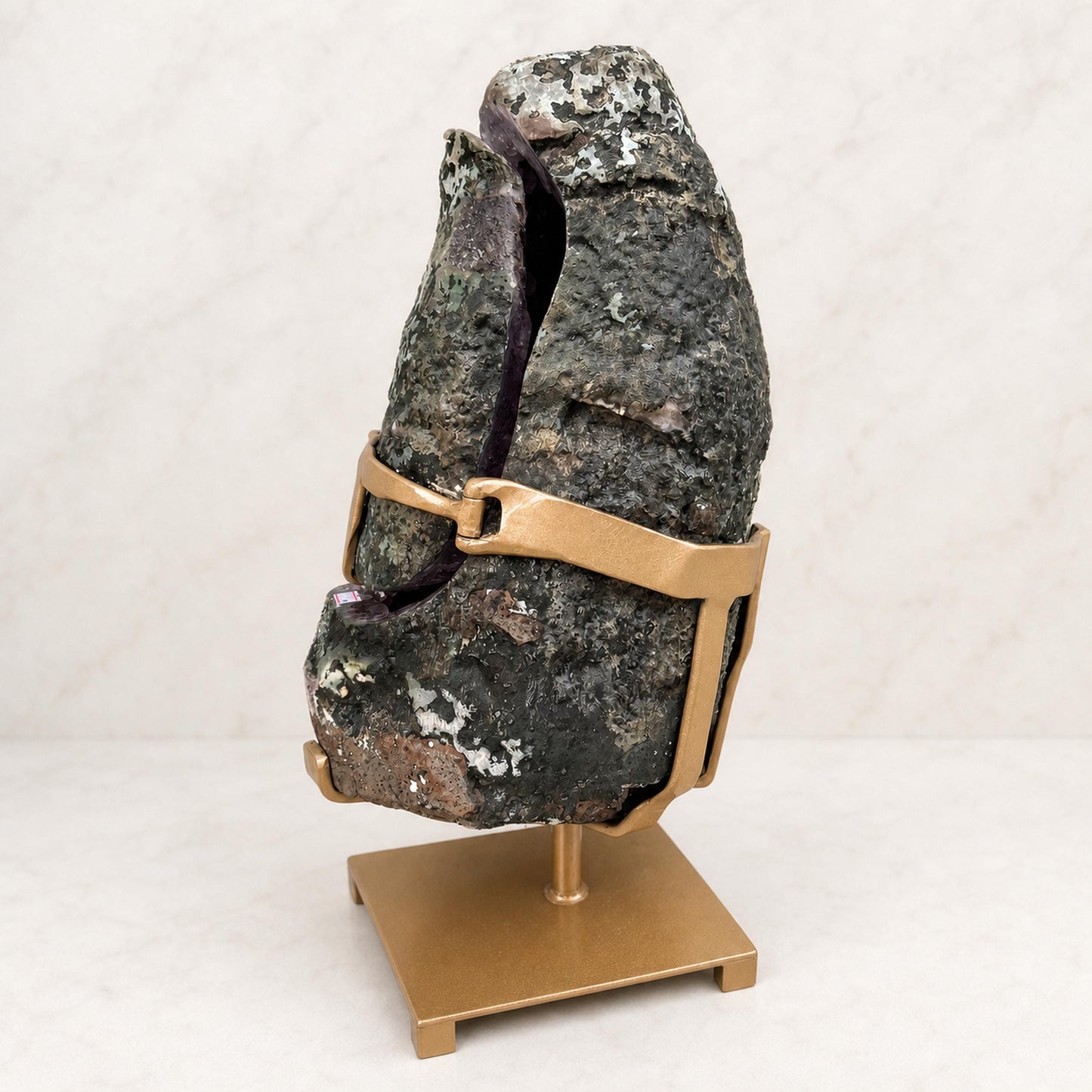 Large Brazilian Amethyst Geode with Calcite, Hinged Crystal Cave on Metal Stand, 18.2kg Statement Mineral, Exact Specimen - view 4