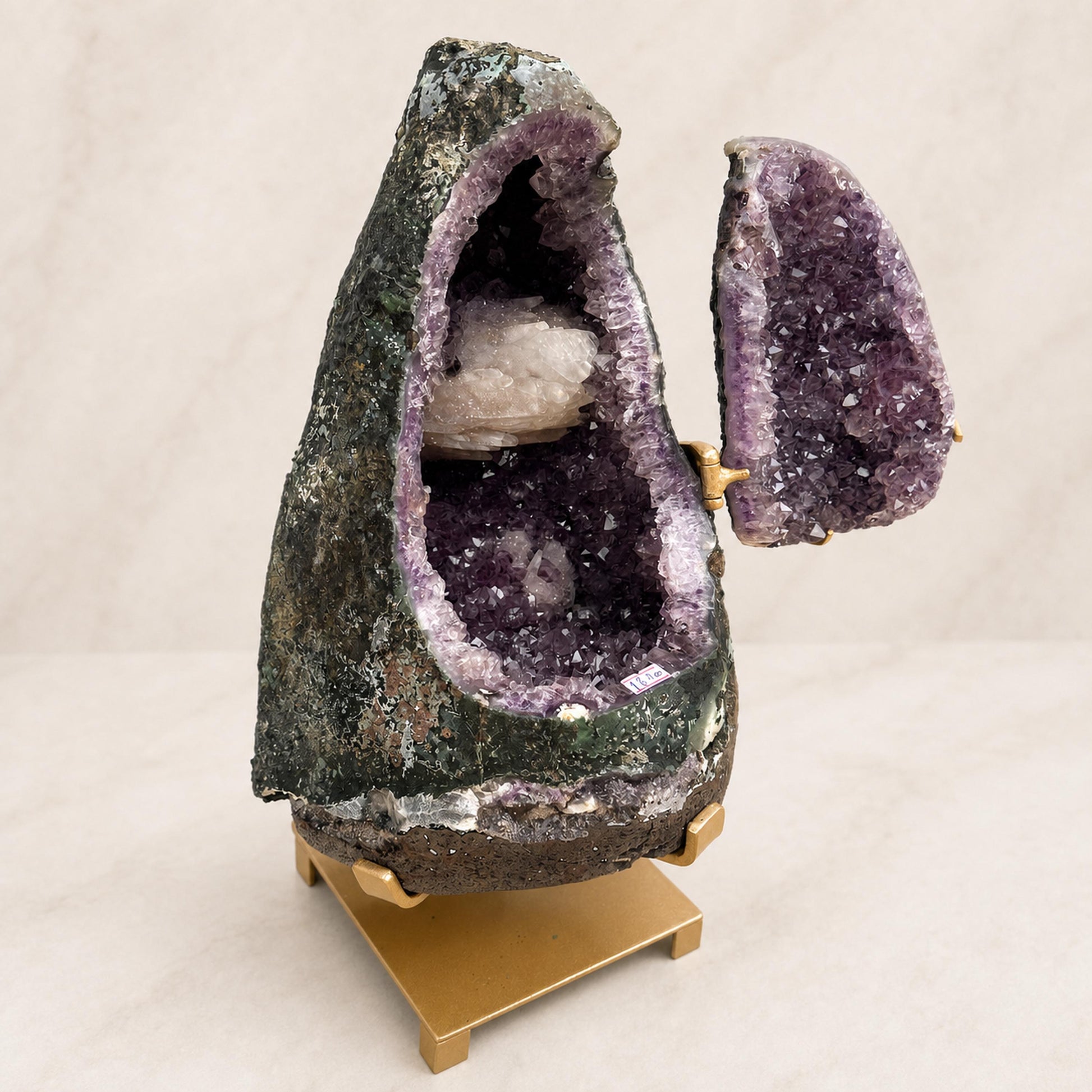 Large Brazilian Amethyst Geode with Calcite, Hinged Crystal Cave on Metal Stand, 18.2kg Statement Mineral, Exact Specimen - view 3
