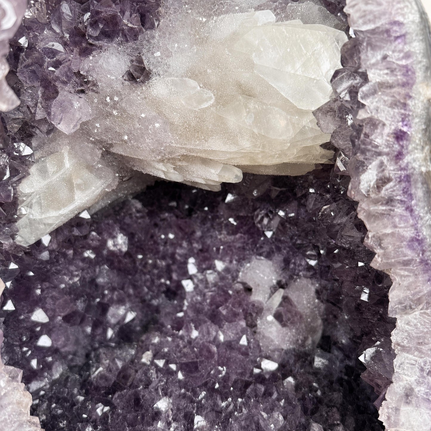 Large Brazilian Amethyst Geode with Calcite, Hinged Crystal Cave on Metal Stand, 18.2kg Statement Mineral, Exact Specimen - view 7
