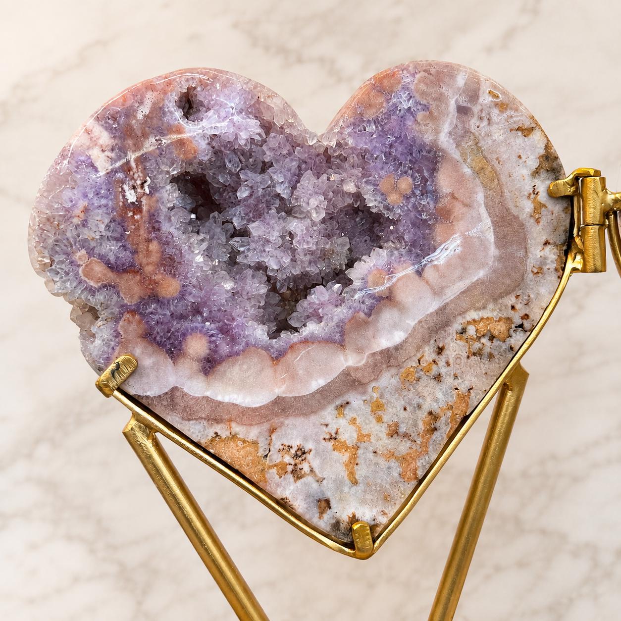 Large Brazilian Pink Amethyst Heart Geode Pair on Metal Stand, Bookmatched Hinged Crystal Display, 11.7kg Exact Specimen - view 2