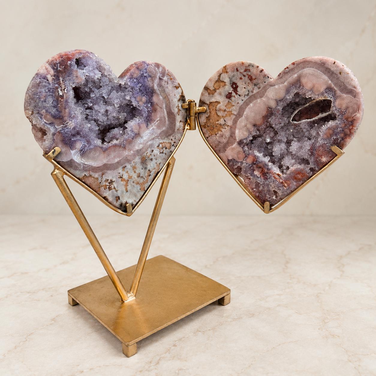Large Brazilian Pink Amethyst Heart Geode Pair on Metal Stand, Bookmatched Hinged Crystal Display, 11.7kg Exact Specimen - view 1
