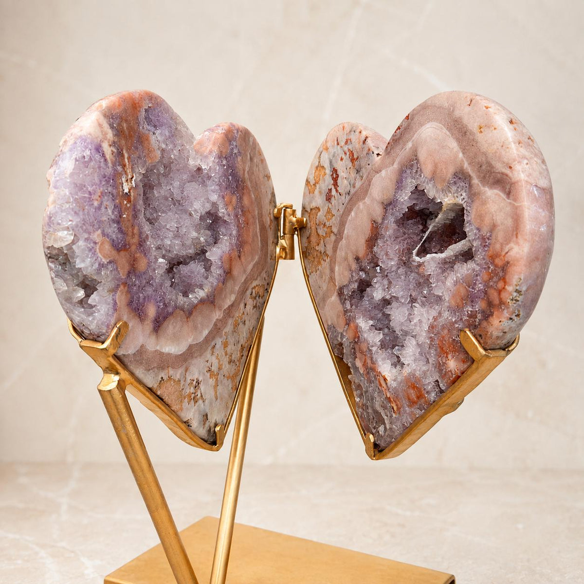 Large Brazilian Pink Amethyst Heart Geode Pair on Metal Stand, Bookmatched Hinged Crystal Display, 11.7kg Exact Specimen - view 6