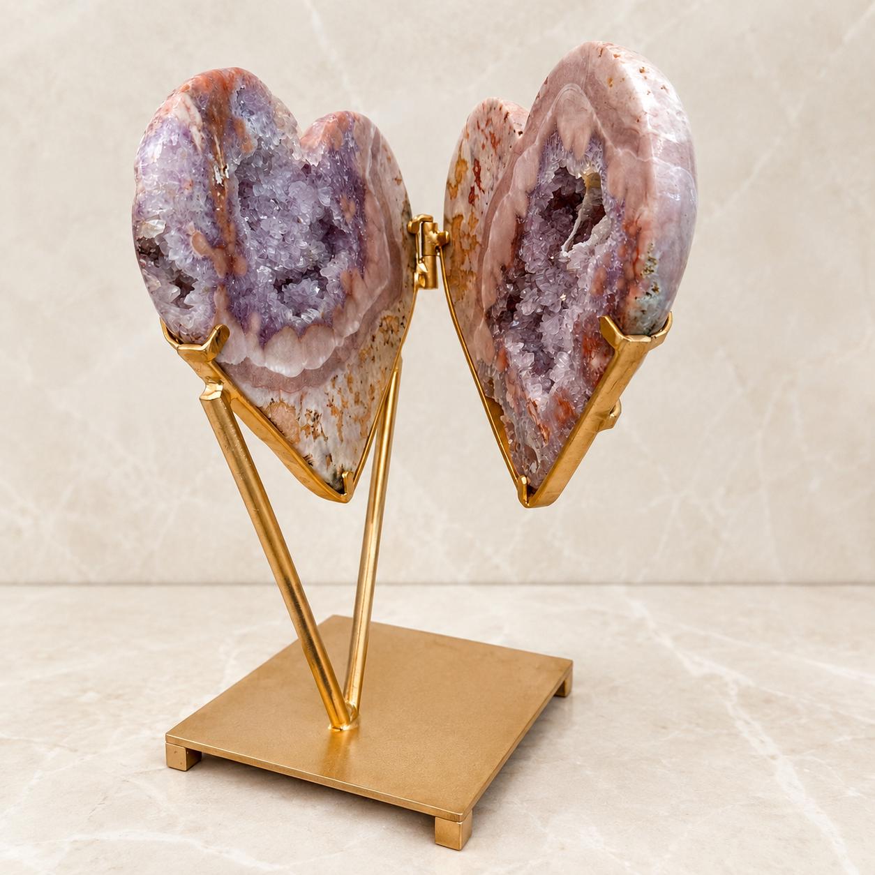 Large Brazilian Pink Amethyst Heart Geode Pair on Metal Stand, Bookmatched Hinged Crystal Display, 11.7kg Exact Specimen - view 5