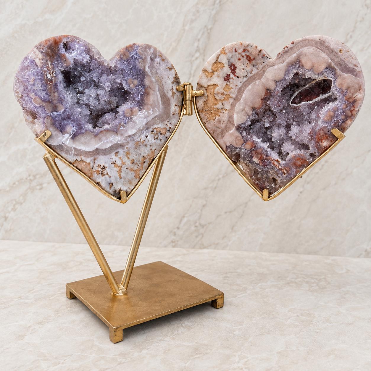 Large Brazilian Pink Amethyst Heart Geode Pair on Metal Stand, Bookmatched Hinged Crystal Display, 11.7kg Exact Specimen - view 7