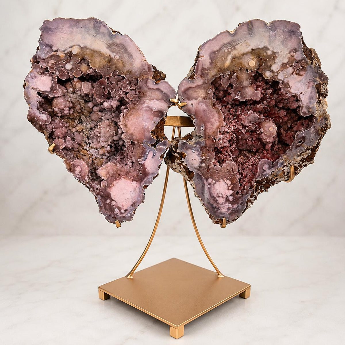Large Brazilian Pink Amethyst Butterfly on Metal Stand, 11.7kg Bookmatched Crystal Geode, Exact Statement Piece - view 1