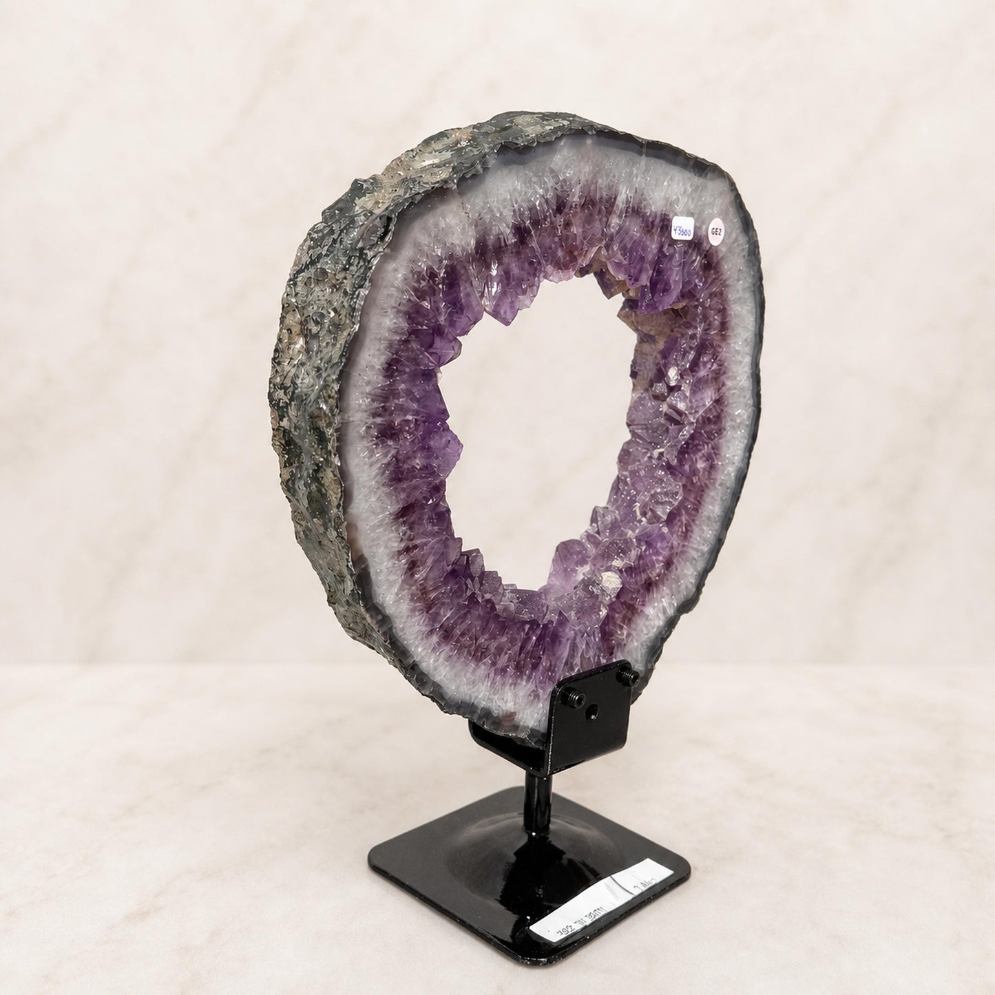 Brazilian Sugar Amethyst and Calcite Ring on Metal Stand, Crystal Geode Circle Display, 2.4kg Exact Specimen - view 2