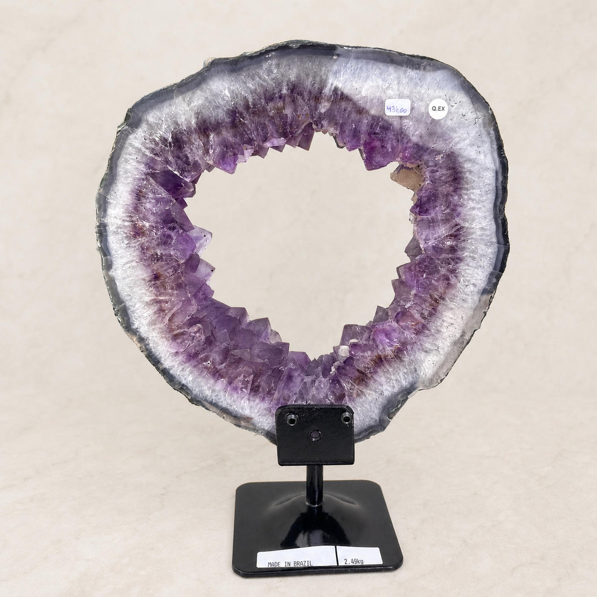 Brazilian Sugar Amethyst and Calcite Ring on Metal Stand, Crystal Geode Circle Display, 2.4kg Exact Specimen - view 4