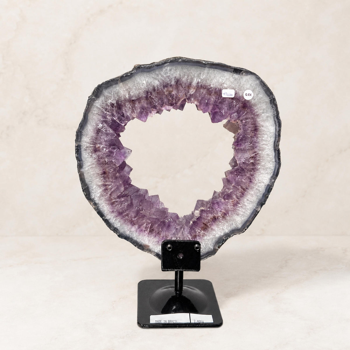 Brazilian Sugar Amethyst and Calcite Ring on Metal Stand, Crystal Geode Circle Display, 2.4kg Exact Specimen - view 3