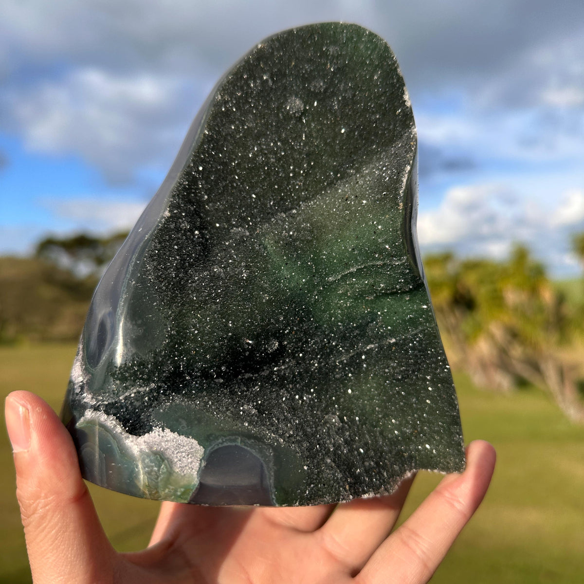 Brazilian Green Sugar Agate Freeform, Sparkling Druzy Agate Display, One of a Kind Natural Crystal Specimen - view 2