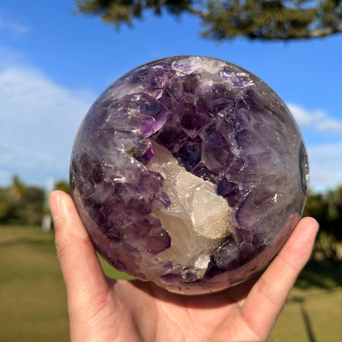 High Quality Brazilian Amethyst Geode Sphere with Large Calcite, Purple Crystal Ball, One of a Kind Collector Specimen - view 1