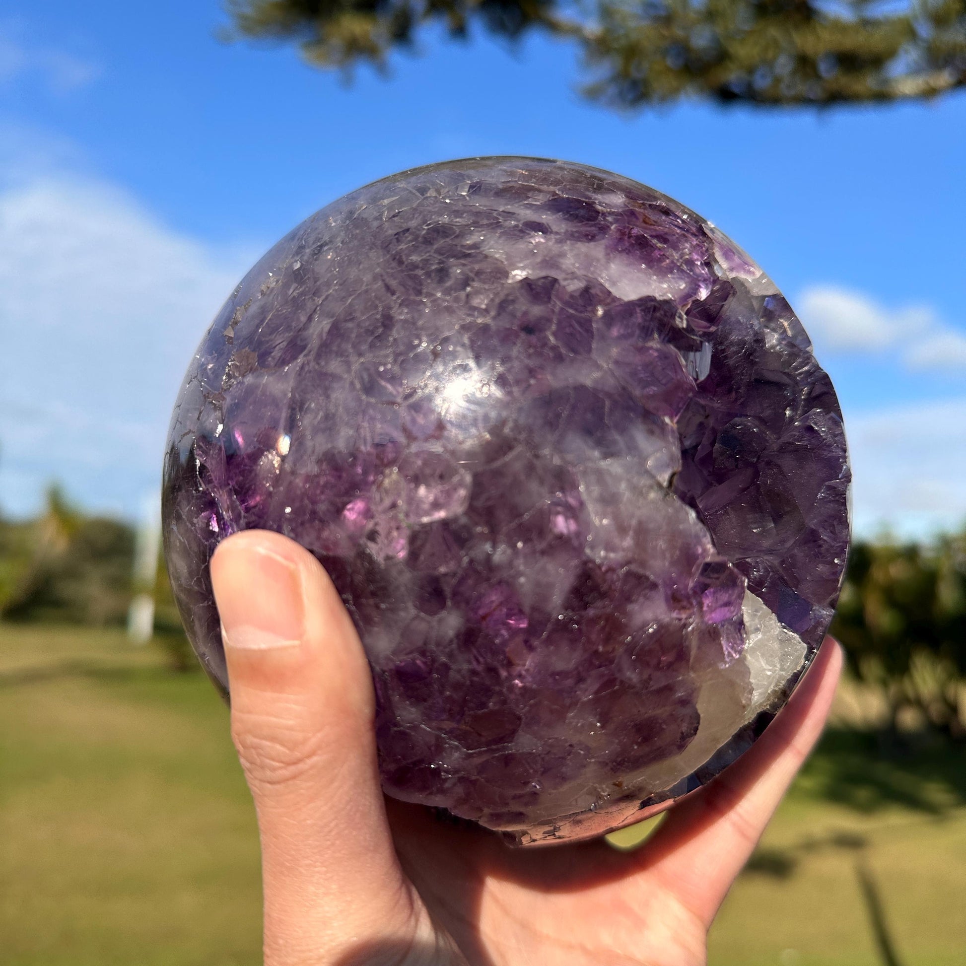 High Quality Brazilian Amethyst Geode Sphere with Large Calcite, Purple Crystal Ball, One of a Kind Collector Specimen - view 3