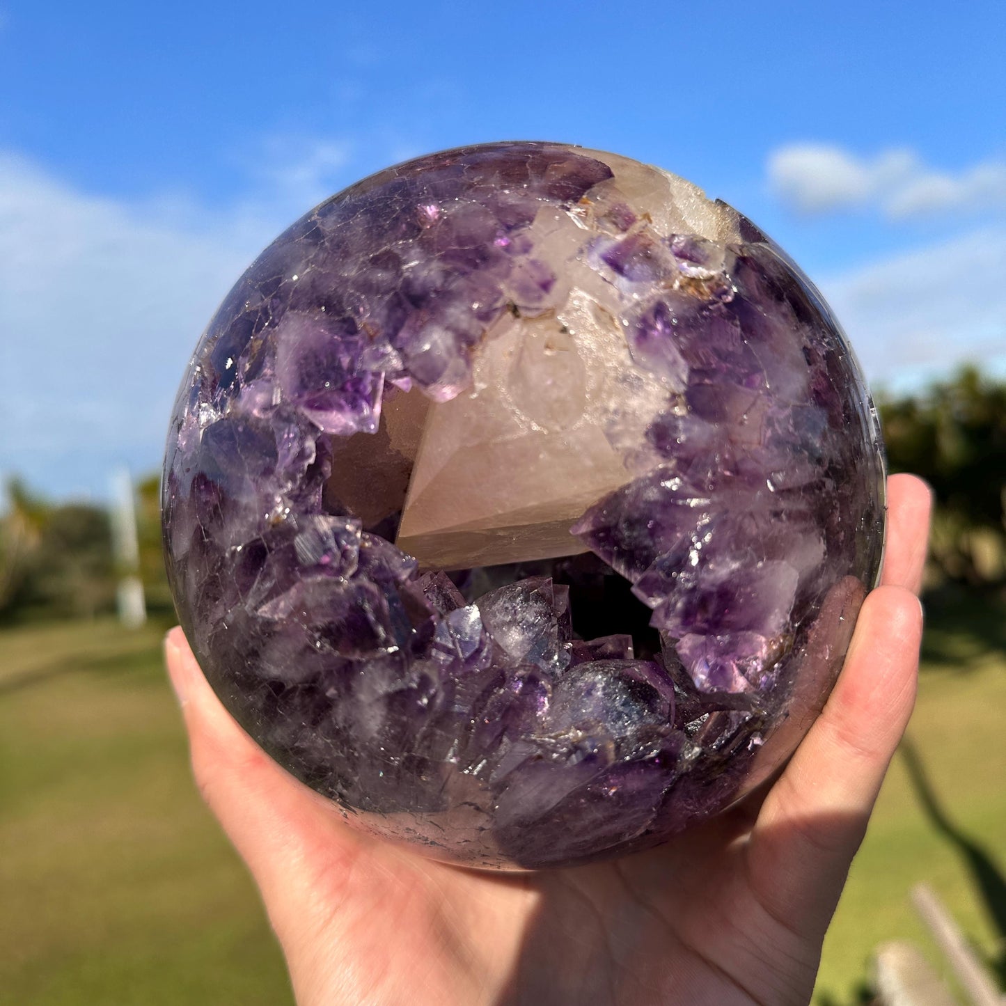 High Quality Brazilian Amethyst Geode Sphere with Large Calcite, Purple Crystal Ball, One of a Kind Collector Specimen - view 4
