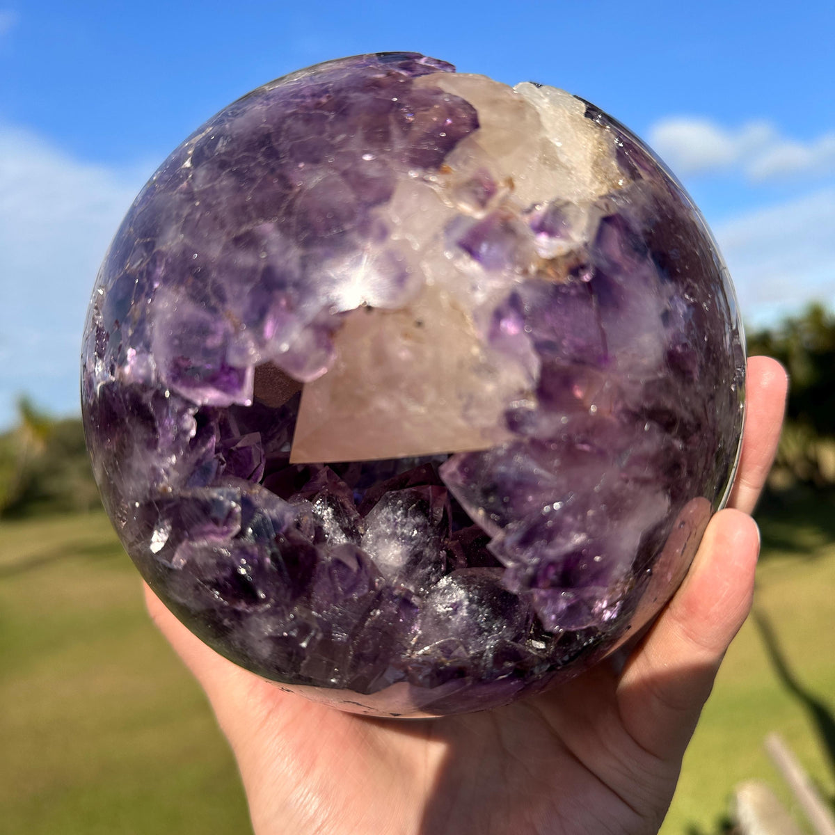 High Quality Brazilian Amethyst Geode Sphere with Large Calcite, Purple Crystal Ball, One of a Kind Collector Specimen - view 5