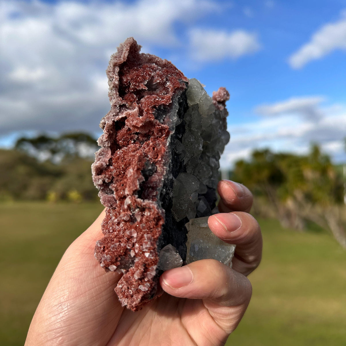 Rare Uruguayan Red Sugar Amethyst with Calcite, Museum Grade Mineral Specimen, One Side Amethyst One Side Calcite, Exact Piece - view 5