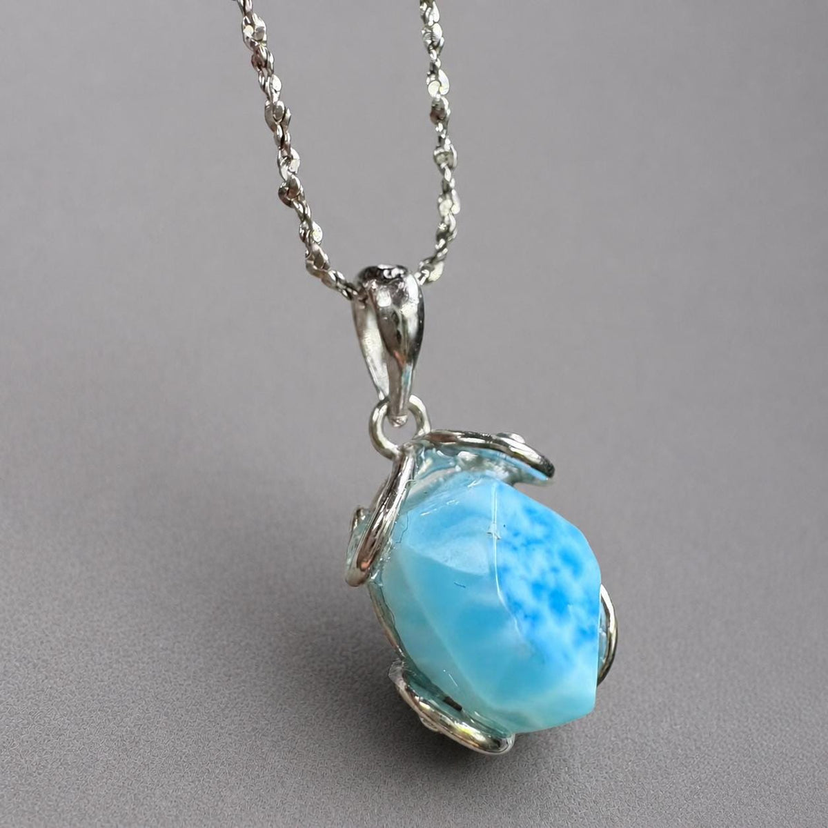 Larimar Oval Necklace, Sterling Silver Pendant, Light Blue Natural Stone Jewelry Gift - view 1