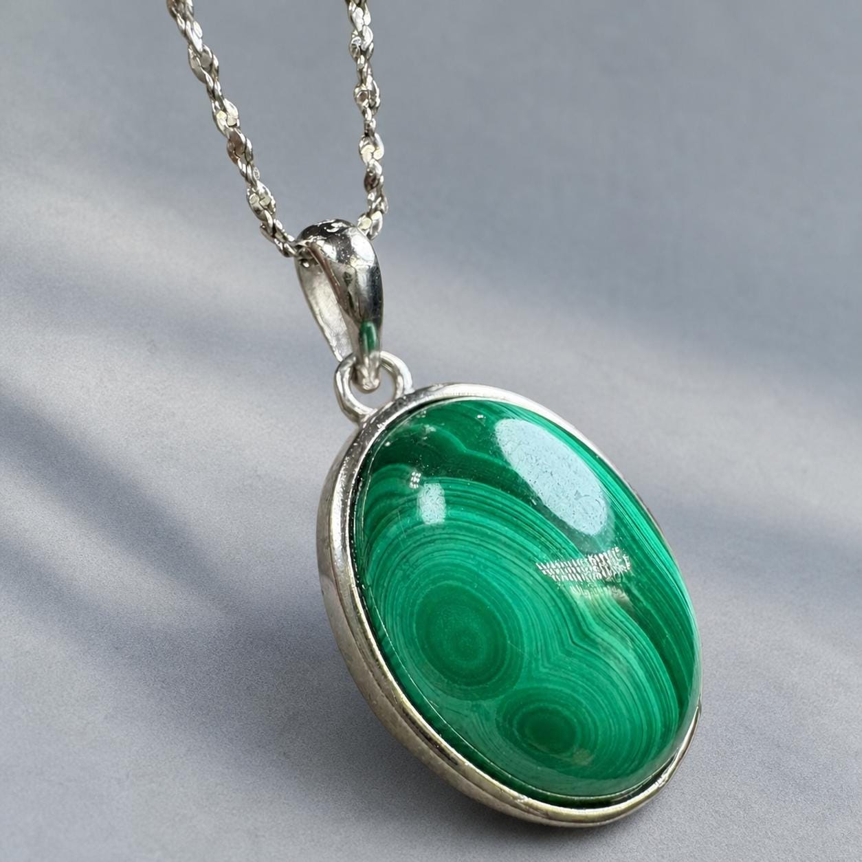 Banded Green Malachite Oval Necklace, Sterling Silver Pendant, Natural Stone Jewelry - view 1