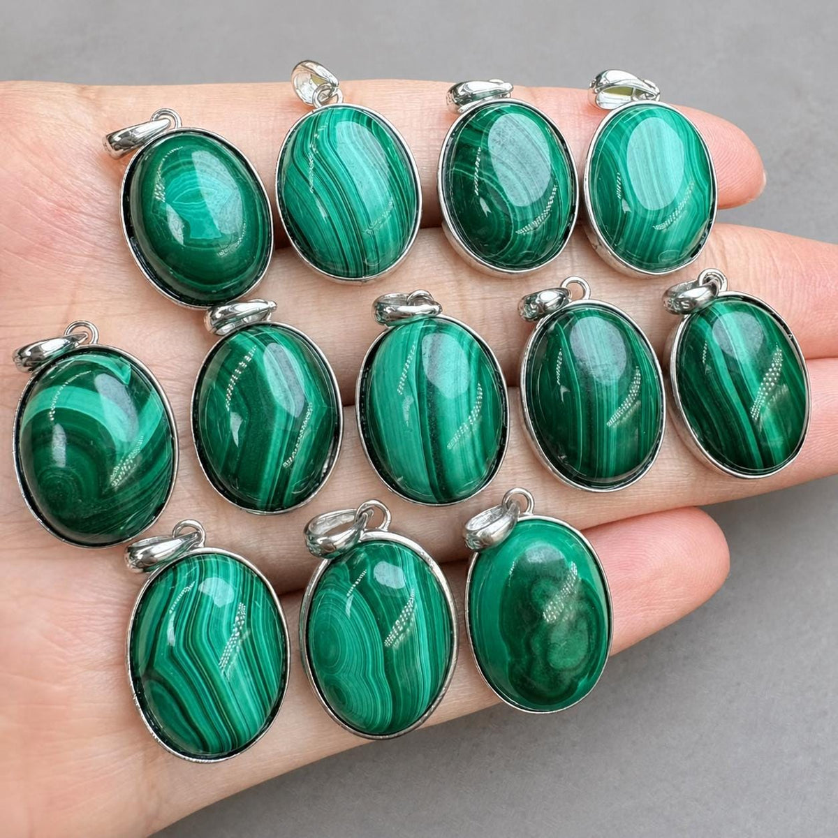 Banded Green Malachite Oval Necklace, Sterling Silver Pendant, Natural Stone Jewelry - view 2