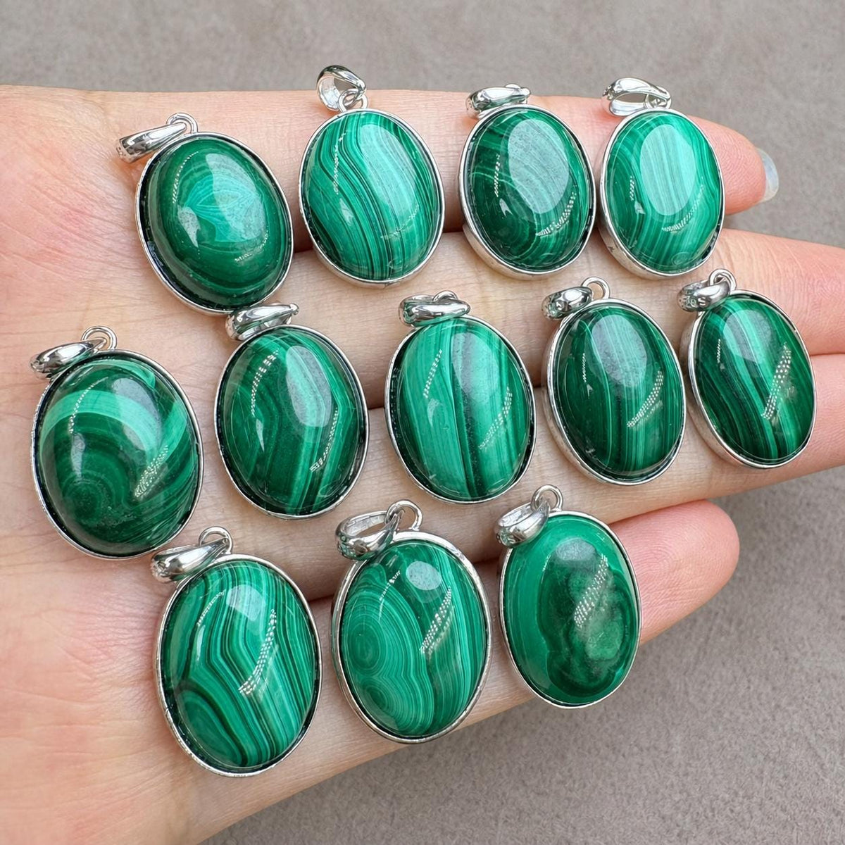 Banded Green Malachite Oval Necklace, Sterling Silver Pendant, Natural Stone Jewelry - view 4