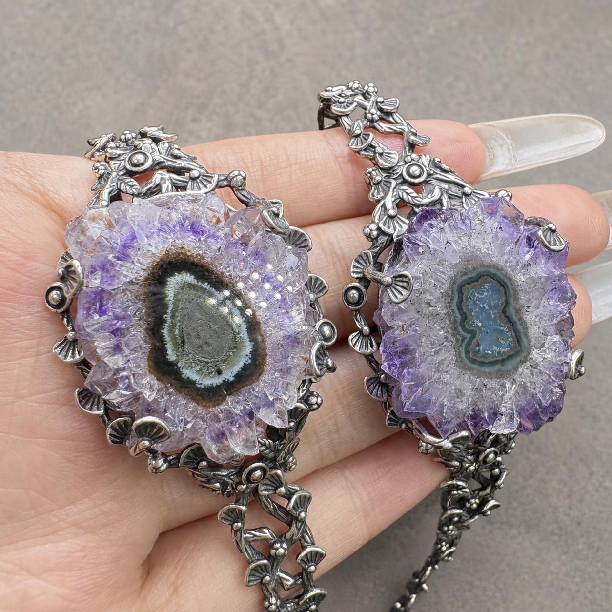 Amethyst Geode Cuff Bracelet, Sterling Silver Raw Crystal Slice Bangle, Purple Statement Jewelry - view 3