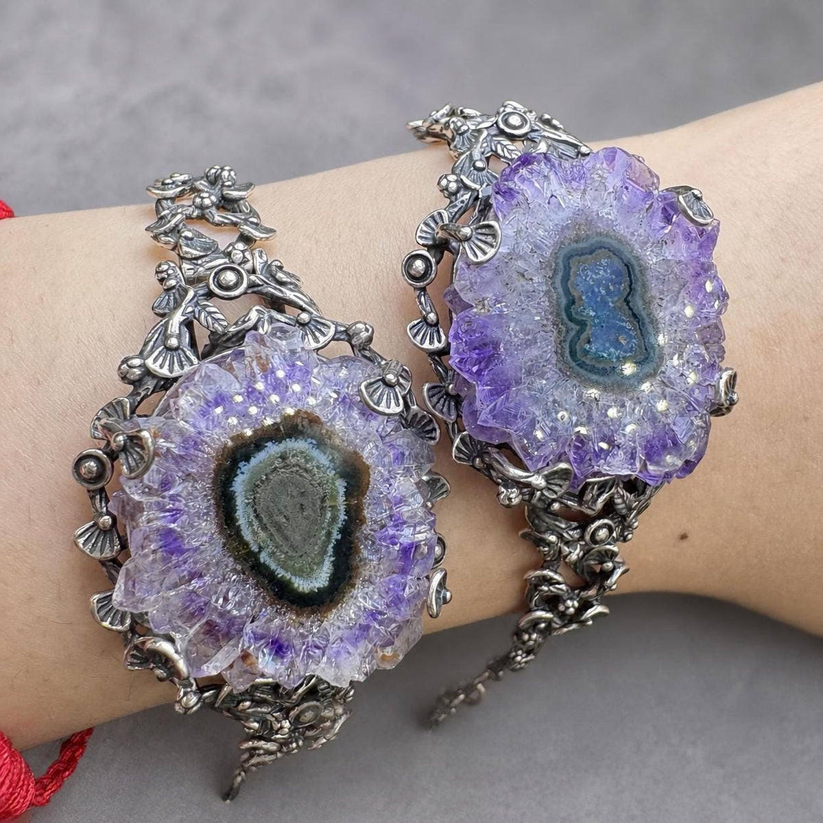 Amethyst Geode Cuff Bracelet, Sterling Silver Raw Crystal Slice Bangle, Purple Statement Jewelry - view 2