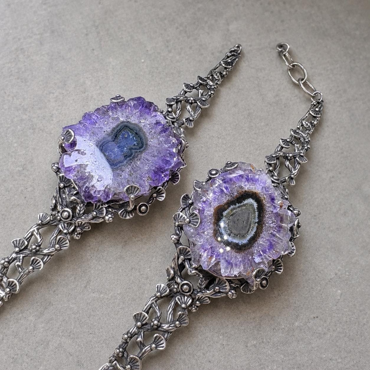 Amethyst Geode Cuff Bracelet, Sterling Silver Raw Crystal Slice Bangle, Purple Statement Jewelry - view 6