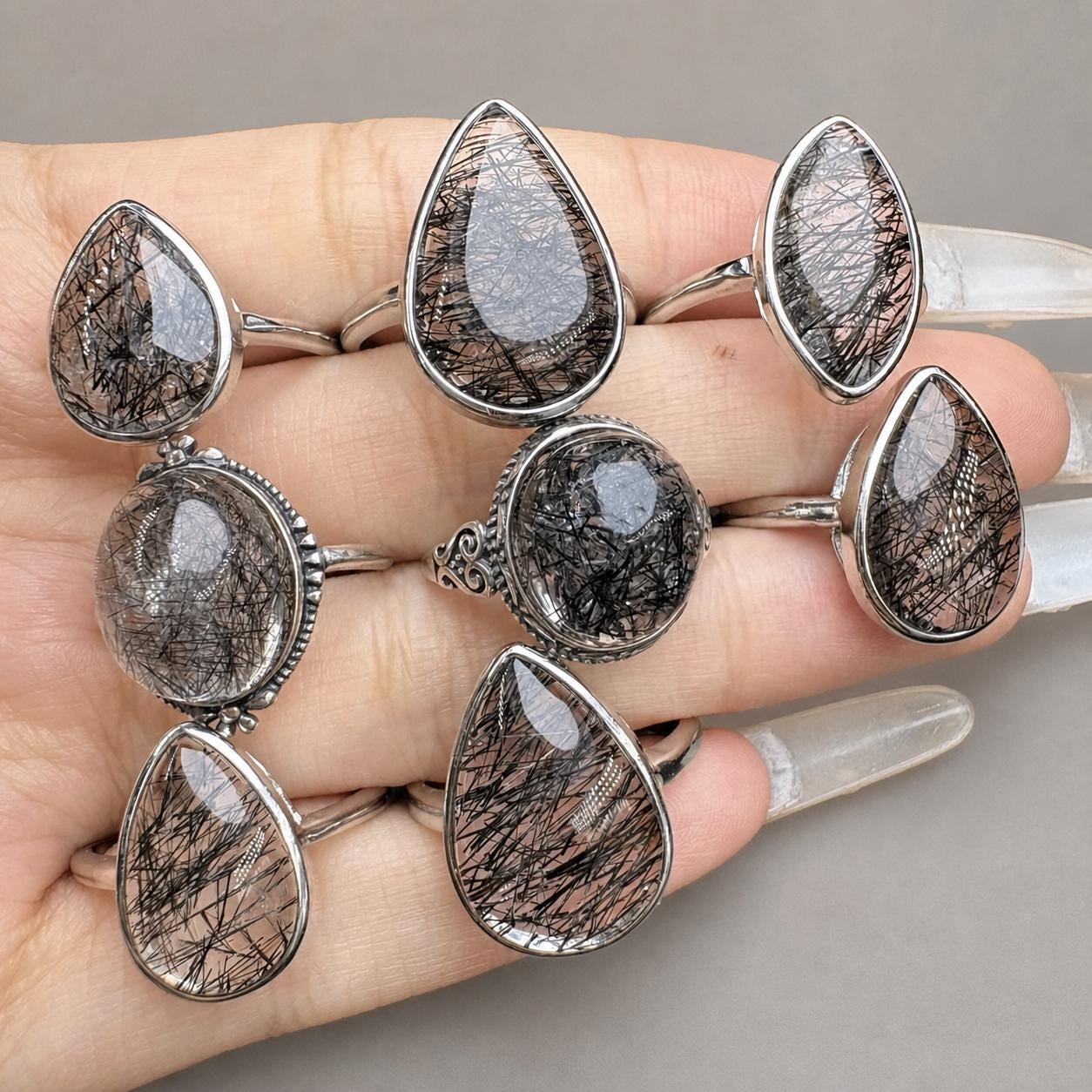 Black Rutilated Quartz Teardrop Ring, Sterling Silver Natural Crystal Ring, Black Needle Inclusion Jewelry - view 2