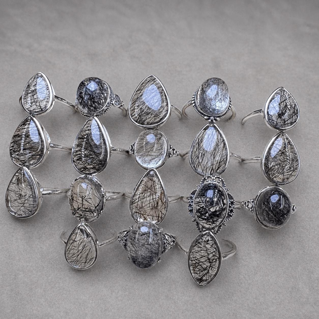 Black Rutilated Quartz Teardrop Ring, Sterling Silver Natural Crystal Ring, Black Needle Inclusion Jewelry - view 5