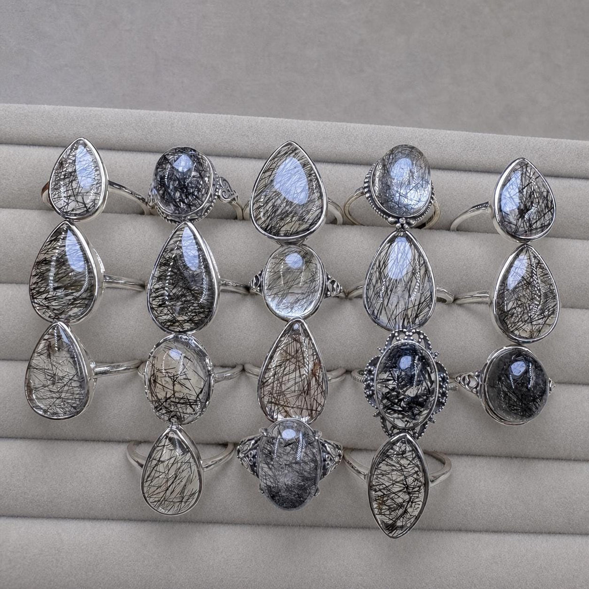 Black Rutilated Quartz Teardrop Ring, Sterling Silver Natural Crystal Ring, Black Needle Inclusion Jewelry - view 6