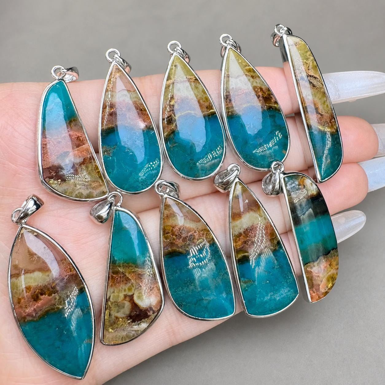 Blue Opalized Wood Triangle Necklace, Sterling Silver Natural Stone Pendant, Blue Brown Jewelry Gift - view 3
