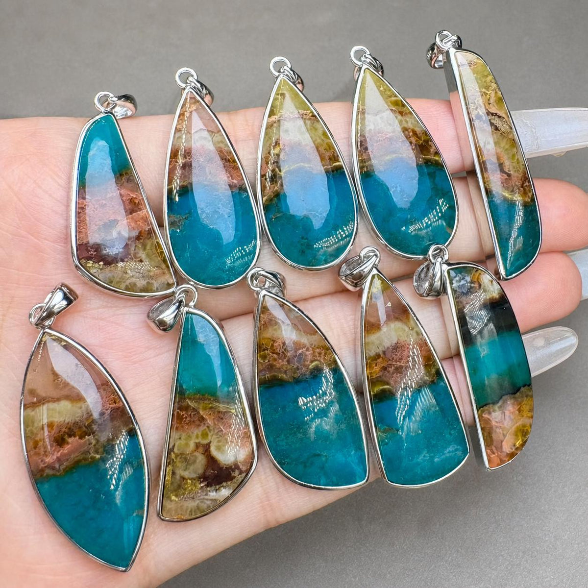 Blue Opalized Wood Triangle Necklace, Sterling Silver Natural Stone Pendant, Blue Brown Jewelry Gift - view 2