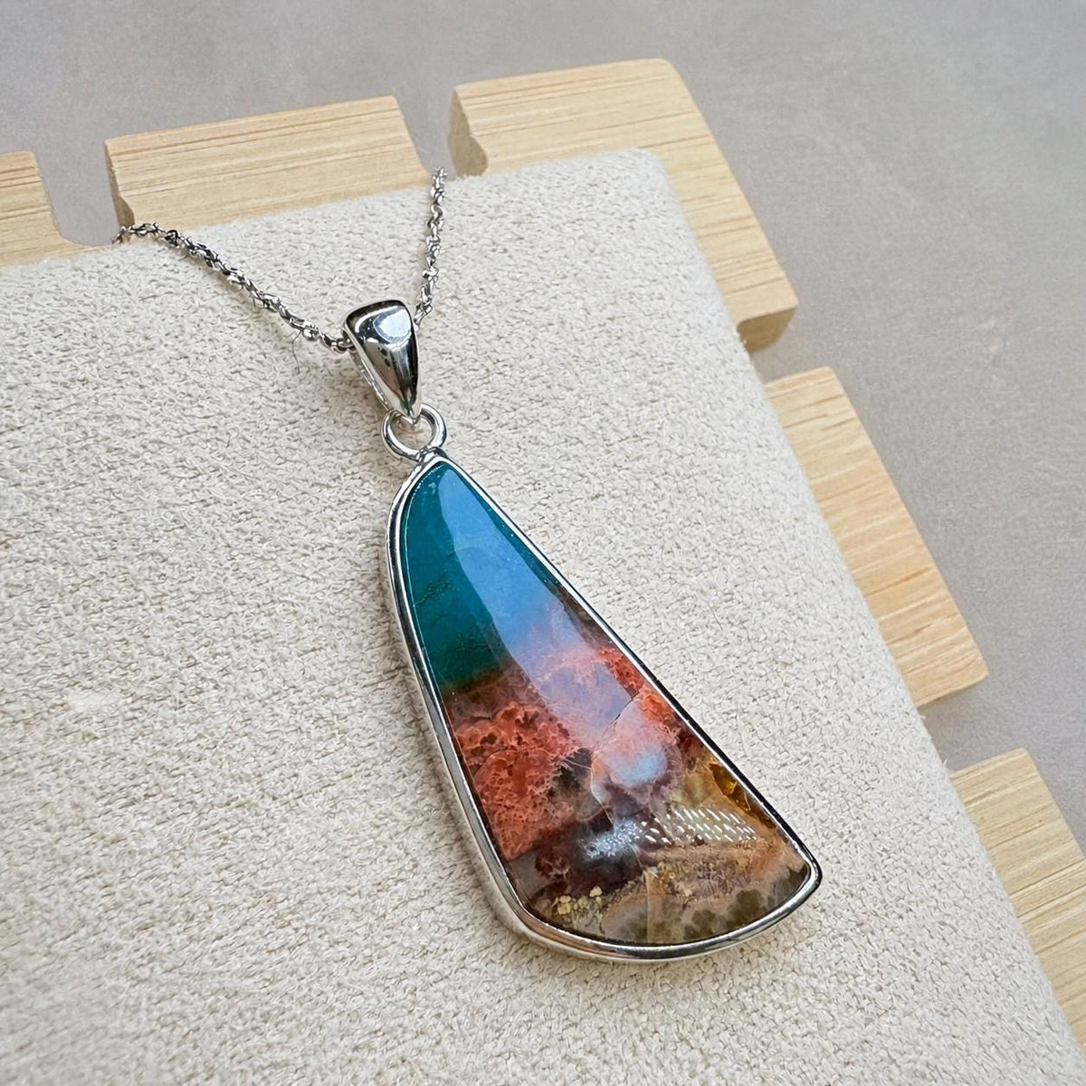Blue Opalized Wood Triangle Necklace, Sterling Silver Natural Stone Pendant, Blue Brown Jewelry Gift - view 1